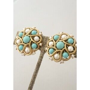 Vintage Crown Trifari Faux Turquoise and Simulated Pearl Earrings Clip On